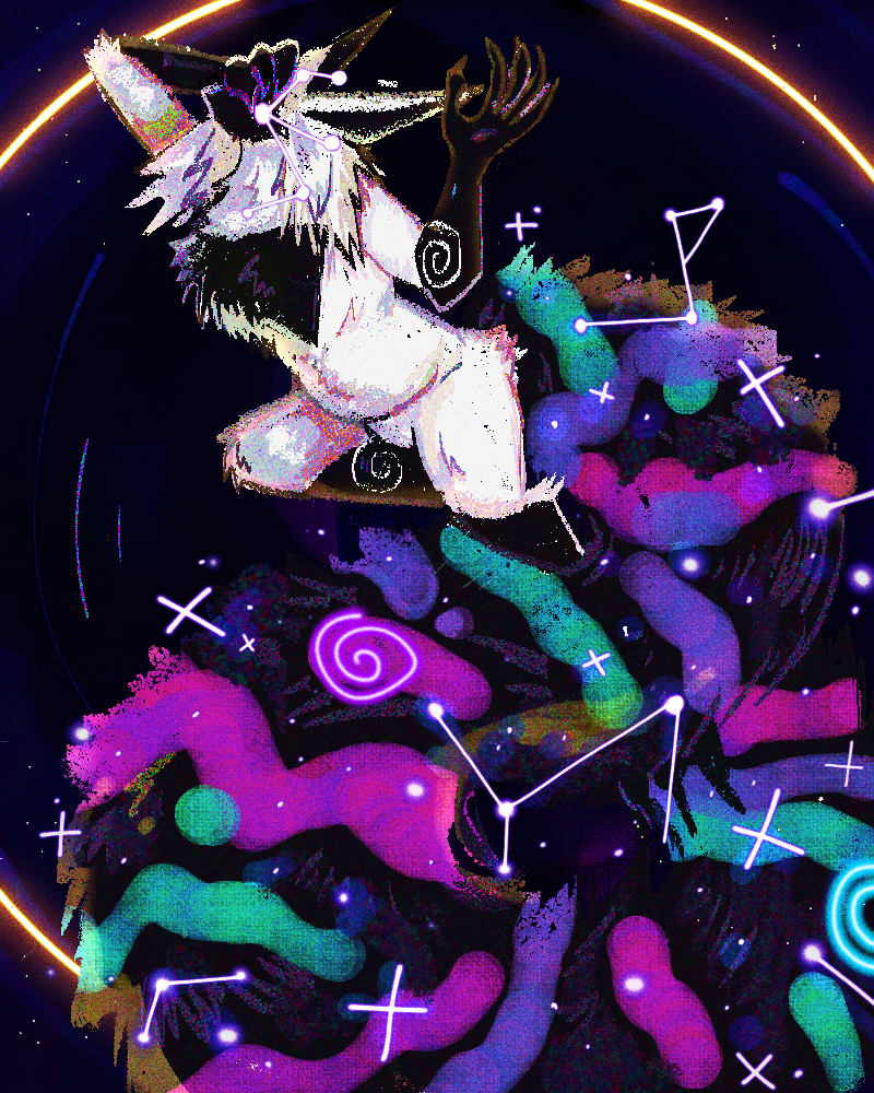 A digital painting of a fluffy white lanky character in front of a black hole. They look upwards with an unreadable expression, as they only have a black face and simple white dots for eyes. They have a long, black tail splattered with cool colors that curls beneath them. They have constellations all around their body.