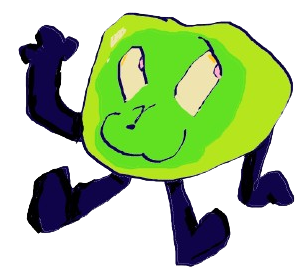 A digital drawing of a small lime green ball with a darker green inside. It has big yellow eyes and a cat-like smile. It waves with crude stick figure limbs while looking at the viewer.