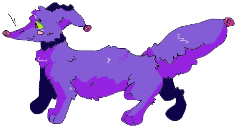A digital drawing of a blushing purple canine looking forward. They have bright green eyes with pink pupils and a kind smile. On the tips of their nose, ears, and big curly tail are glass pink bulbs.