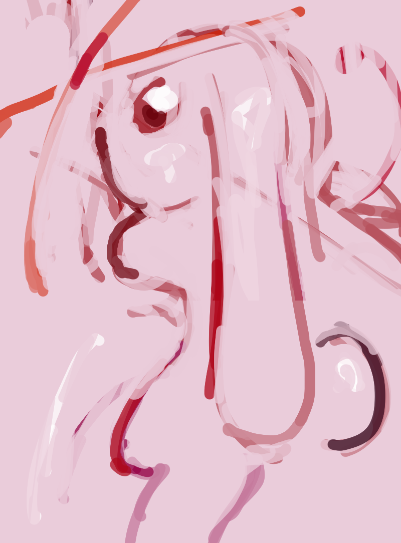 A simplistic pink painting of a cartoon rabbit looking to the side, created by sofa yogurt200. The rabbit's eyes are red and shiny.