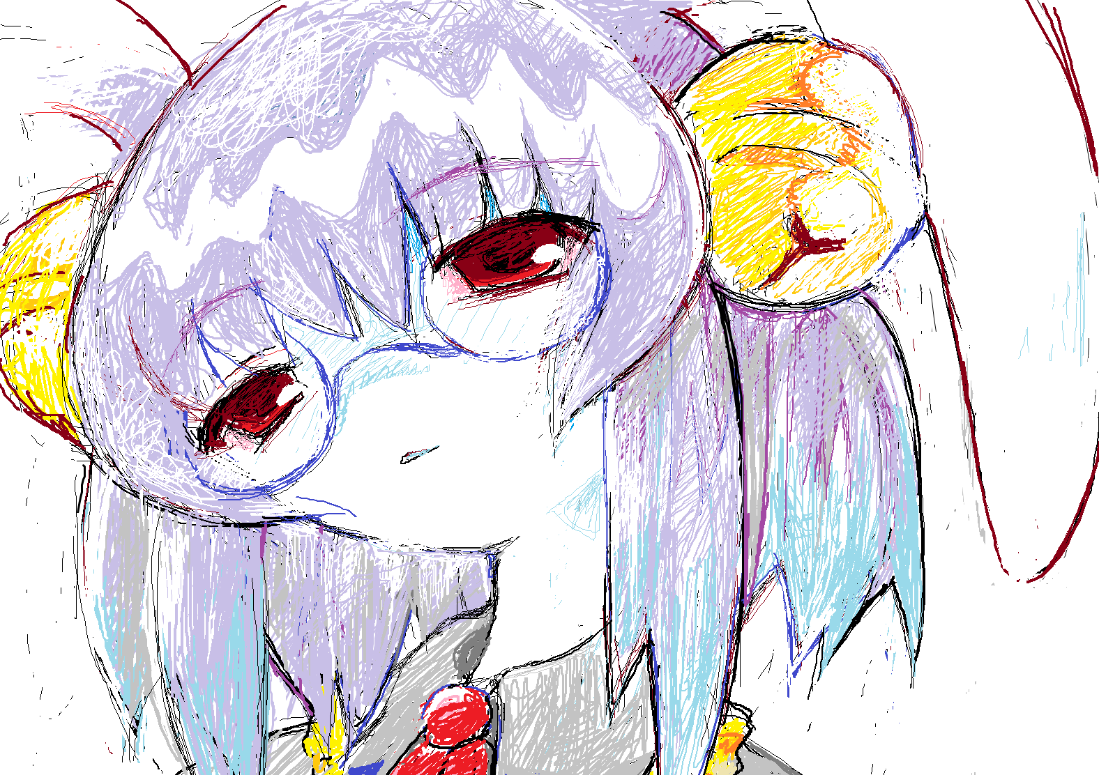 A sketchy painting of Mioja, a rabbit girl. She has light purple hair with blue tips, big white floppy bunny ears, glasses, and bells on her ears. Mioja looks lost in thought.