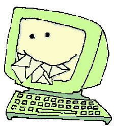 A green computer with an email in it's mouth, smugly looking at the audience as it wiggles around.