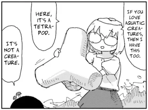 A manga screen cap of a girl with glasses and a small hat showing a black haired girl a tetrapod. From right to left, the text reads: