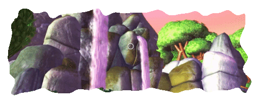 a gif of a lollive flying around a waterfall from bugsnax