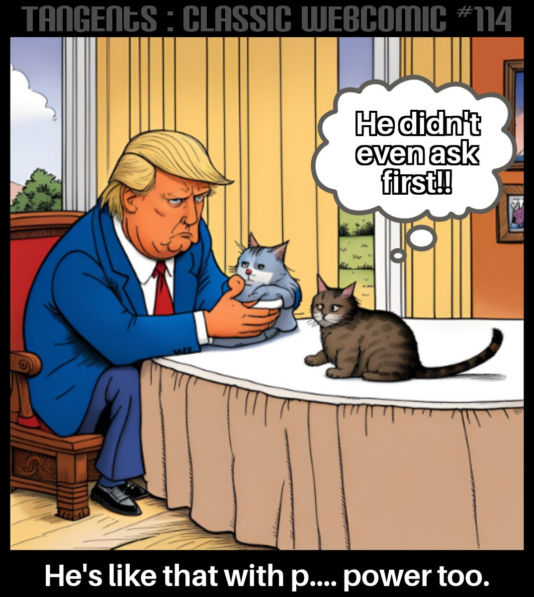 It is page 114 of the Tangents webcomic. A political comic showing Donald Trump holding a blobular grey cat while he sits at a table, with another cat sitting on the table close by. The other cat says 'He didn't even ask first!' The caption underneath the comic says 'He likes that with P... Power too.' Upon closer inspection you can see that much of the webcomic has the smeary, inaccurate qualities of an AI generated webcomic.