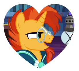 A heart shaped screenshot from MLP:FIM s7e24 of Sunburst holding and talking about a lamp