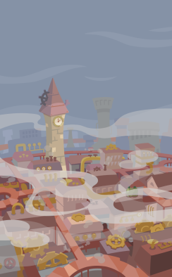 the background of puyo puyo!! quest's steam city event. it is a relatively washed out landscape of a bustling city, and smoke trails through the sky. there are several dull red roofed houses visible.