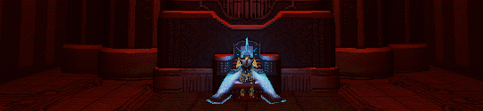 a gif from "ULTRAKILL". it depicts the layer heresy, with gabriel depicted playing his organ in the middle. he is seen from the back.