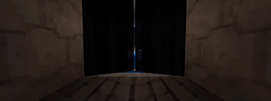 a gif from "ULTRAKILL". it depicts a pair of large doors opening, and upon being open, v2 is seen sliding past the gap, before quickly disappearing.