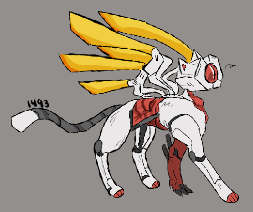 a drawing of v2, more accurate to both its source material and its onsite colors. a robotic cat with large, yellow toned "wings", being 3 large blades. it is facing the right, and appears to be walking.