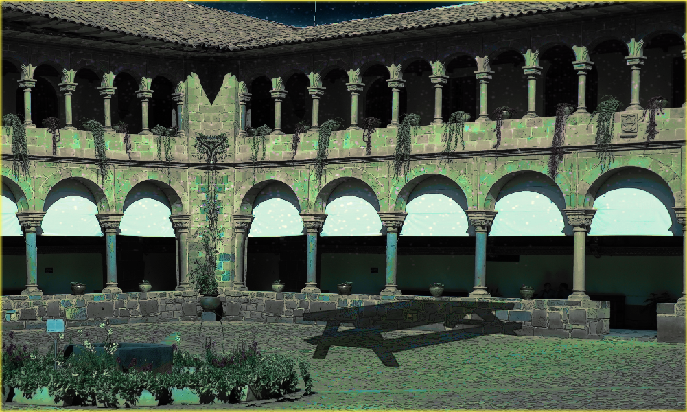 a mediterranean courtyard. the cavern lights are twinkling in the skylight. 