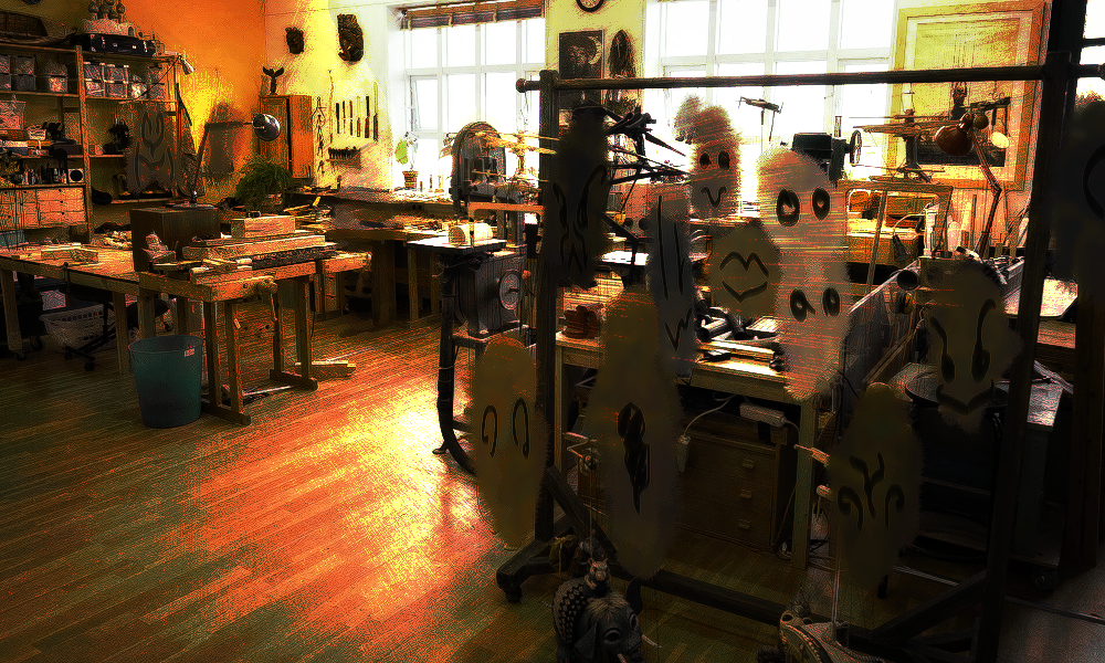 an artisinal workshop with light shining through the window. a number of work in progress masks are strung up on a stand