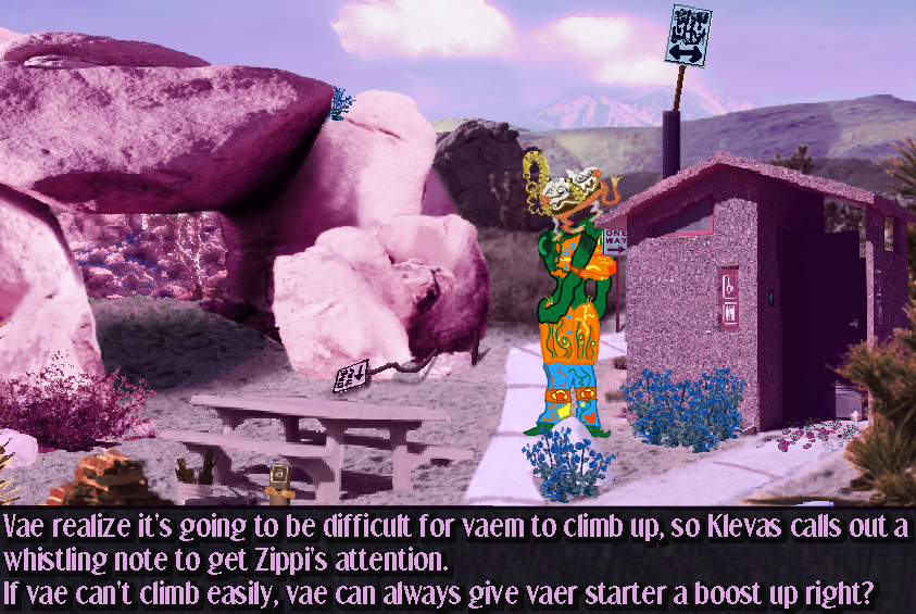 Klevas stands near the roof of the rest stop structure and lifts Zippi atop vaer tendril arms and head