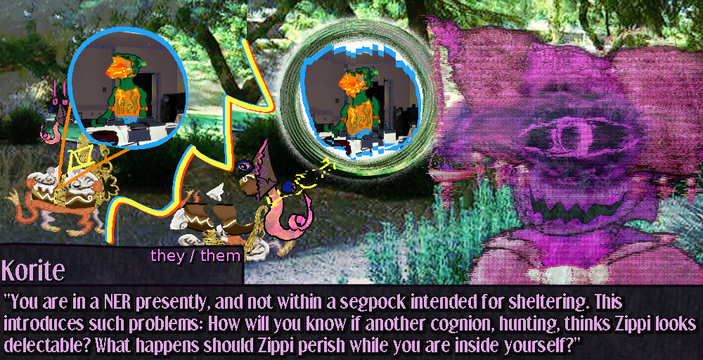 A visualization of a park space. Zippi wandered about aimelssly while Klevas stands inside unaware of the outside world. A hungry cognion spots sippi. Korite's hologram is wryly grinning as they talk about the implications of this scenario's dangers, and in the second slice the hunting cognion has ambushed and killed zippi, and feasts on their remains. Without anything to anchor itself to, Klevas's core memory and inner world unmoors from the NER and falls into the void, glitching away in a spiral.