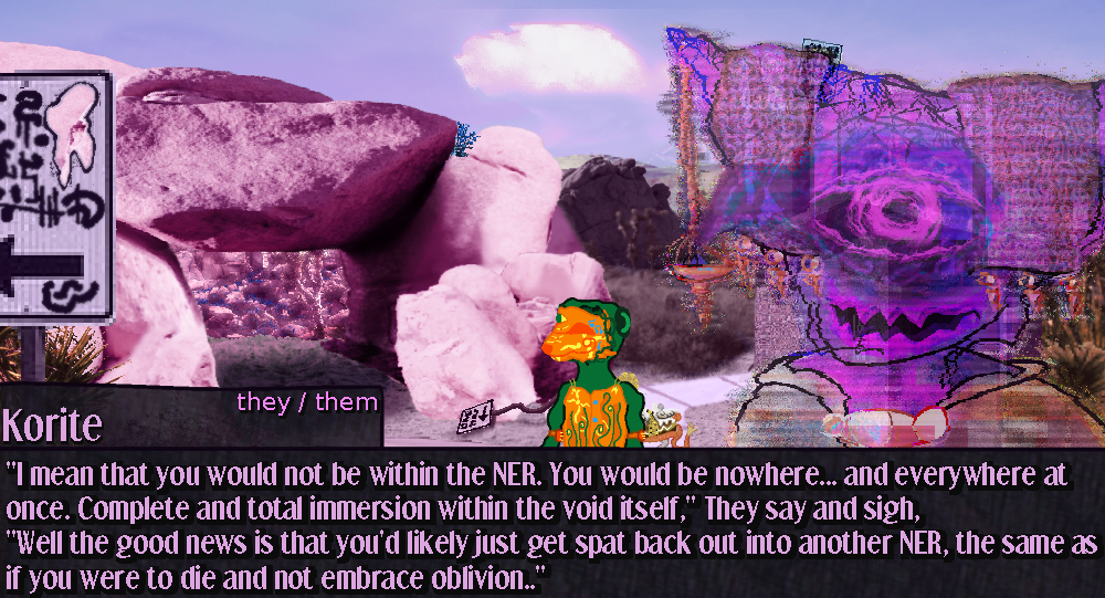 A glitched korite hologram speaks as Klevas and Zippi explore in the background