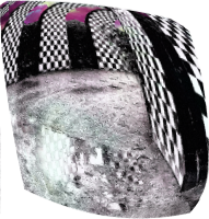 Crooked diamond distortion of a space surrounded by checkerboard archways