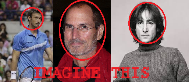 3 separate images of Jaun Carlos Ferrero, Steve Jobs and John Lennon individually, their faces are circled with the caption "IMAGINE THIS", it is meant to compare them, it is satirical but not funny.