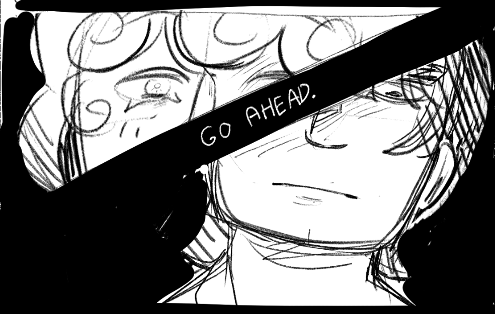 Black and white comic panel cut diagonally in half with white text saying 'Go Ahead', a close up of two women shows the speaker looks down, the other looks uncomfortably to the side