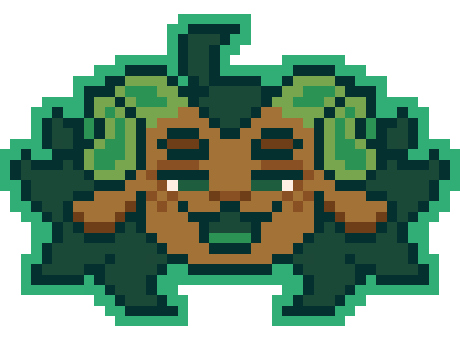 Pixel art animation of my fursona- a tan and brown mammalian creature with dark green hair and green curly horns- depicting only it's head, facing forward, and looking directly at the viewer. The animation is comprised of two frames: one where it is mouth is shut and smiling, and another where it's mouth is open and face tilts slightly upwards.