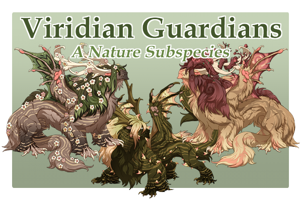 Banner for the Viridian Guardians subspecies, featuring 3 gaolers: 1 male Evergreen with Latte Tapir/Camo Flair/Maize Blossom, 1 female Scorched with Murk Tapir/Sanddollar Blaze/Sanddollar Thorns, and 1 male Blushing with Tan Varnish/Coral Myrid/Coral Branches