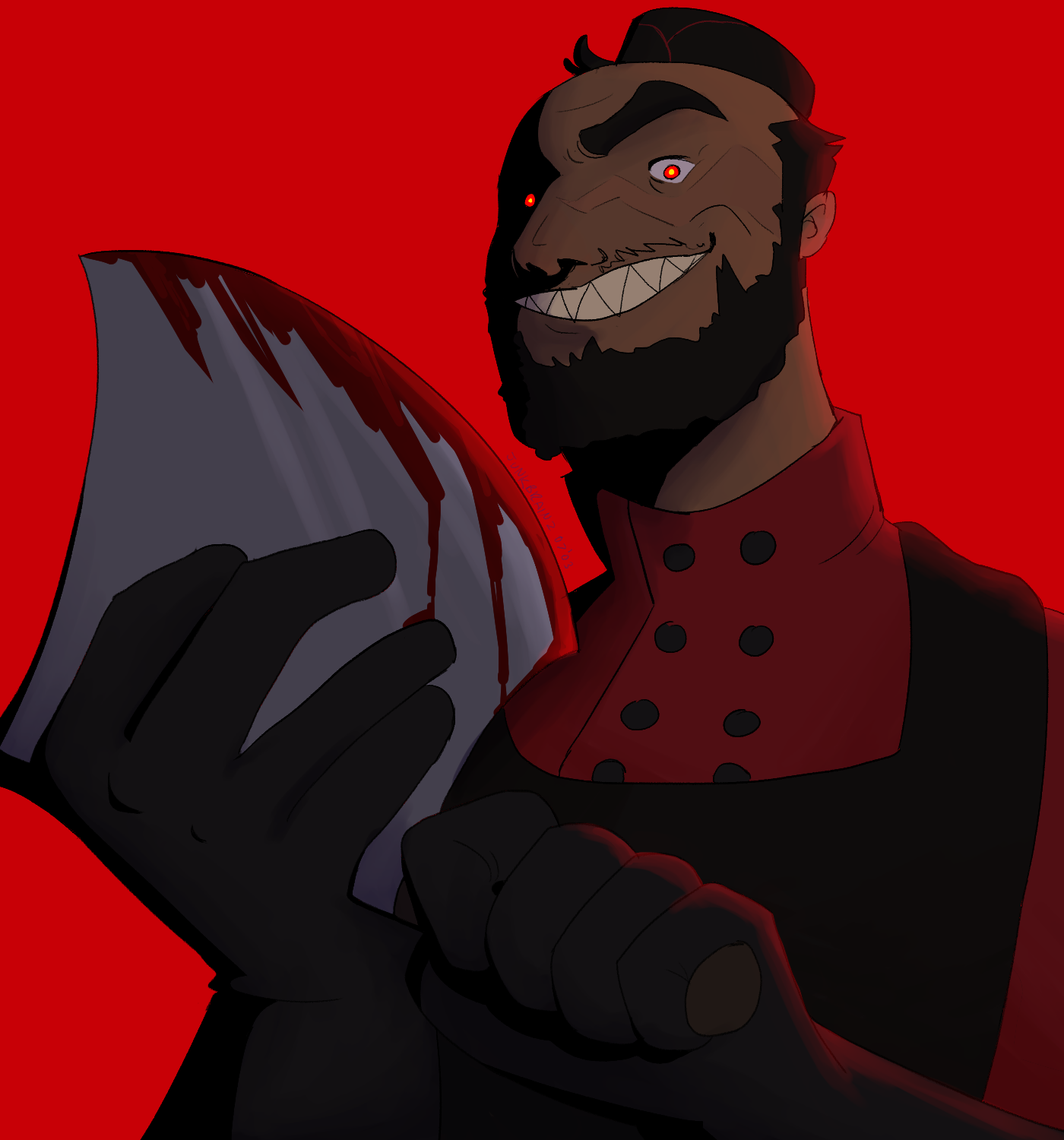 butcher smiling menacingly at the camera while holding his knife