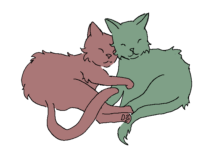 two cats cuddling. one is colored in plain red and one is colored in plain green