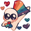 A large eyed creature bounds at the viewer, rainbow striped cape flowing across its back. Rainbow hearts surround it. A large eyed creature bounds at the viewer, rainbow striped cape flowing across its back. Rainbow hearts surround it.