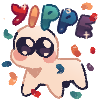 A large eyed creature looks at the viewer, rainbow confetti spills all around it, the legend YIPPE can be read above it A large eyed creature looks at the viewer, rainbow confetti spills all around it, the legend YIPPE can be read above it