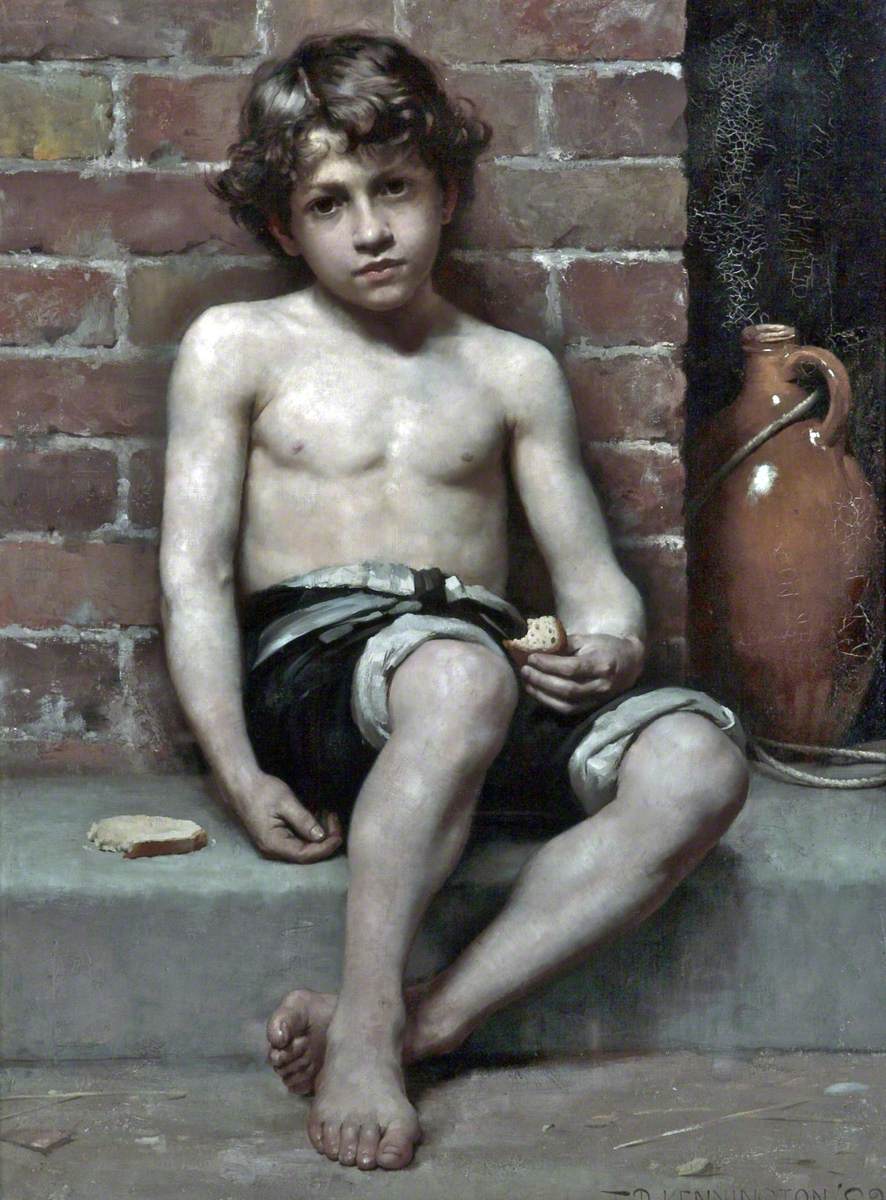 Painting of a boy sitting on the street, shirtless, with bread in his hand