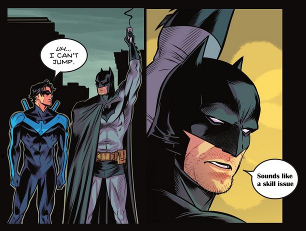 Two comic panels. The first panel shows Batman and Nightwing standing on a roof. Batman has his arm up and is holding a grapnel gun. Nightwing says "Uh... I cant jump." The second panel shows a profile shot of Batman. His speech bubble has been edited to read "Sounds like a skill issue."