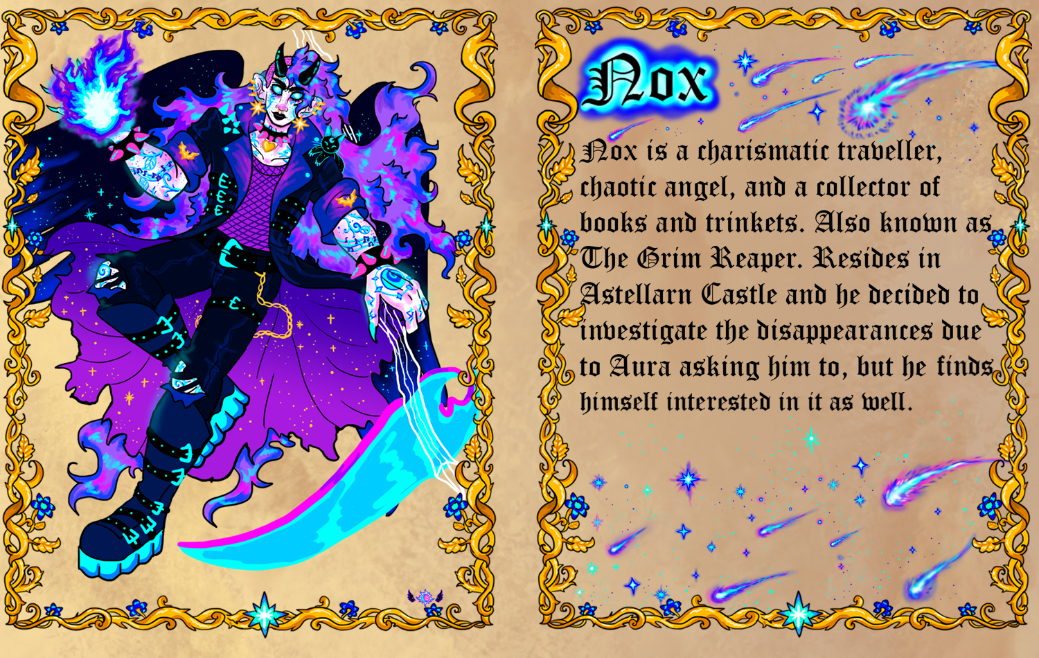 Nox seen from the back, black wings and purple hair flowing as he flies.