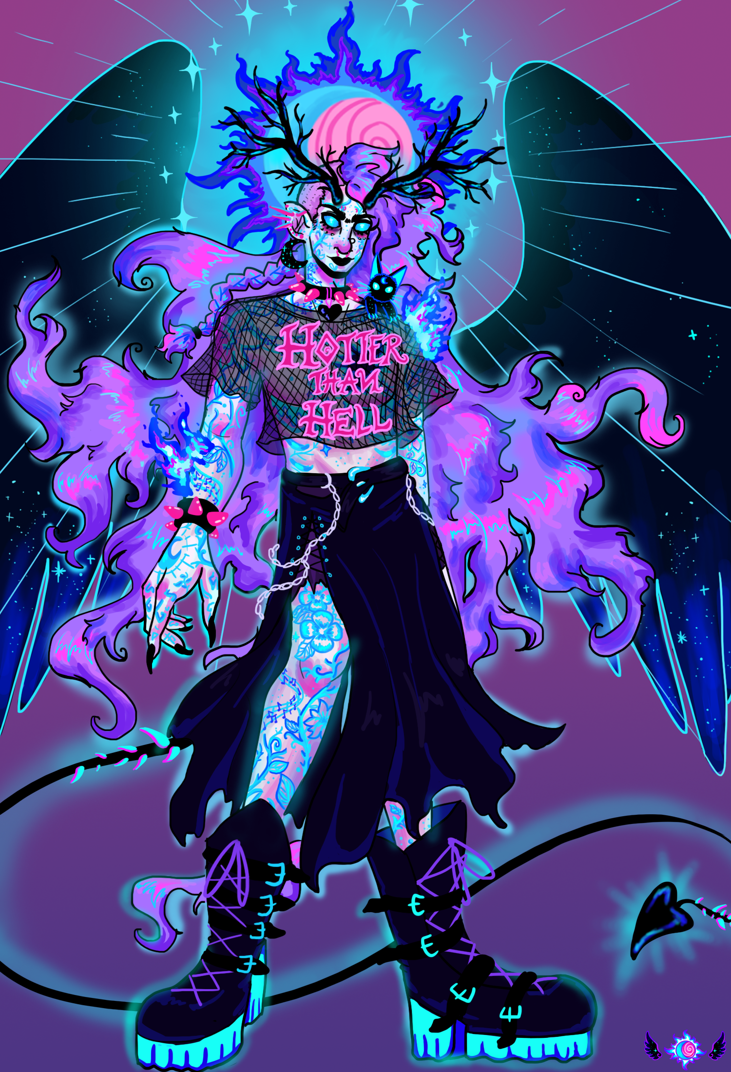 Full body Nox, wearing short shorts and a fishnet crop top that reads 'Hotter than hell'