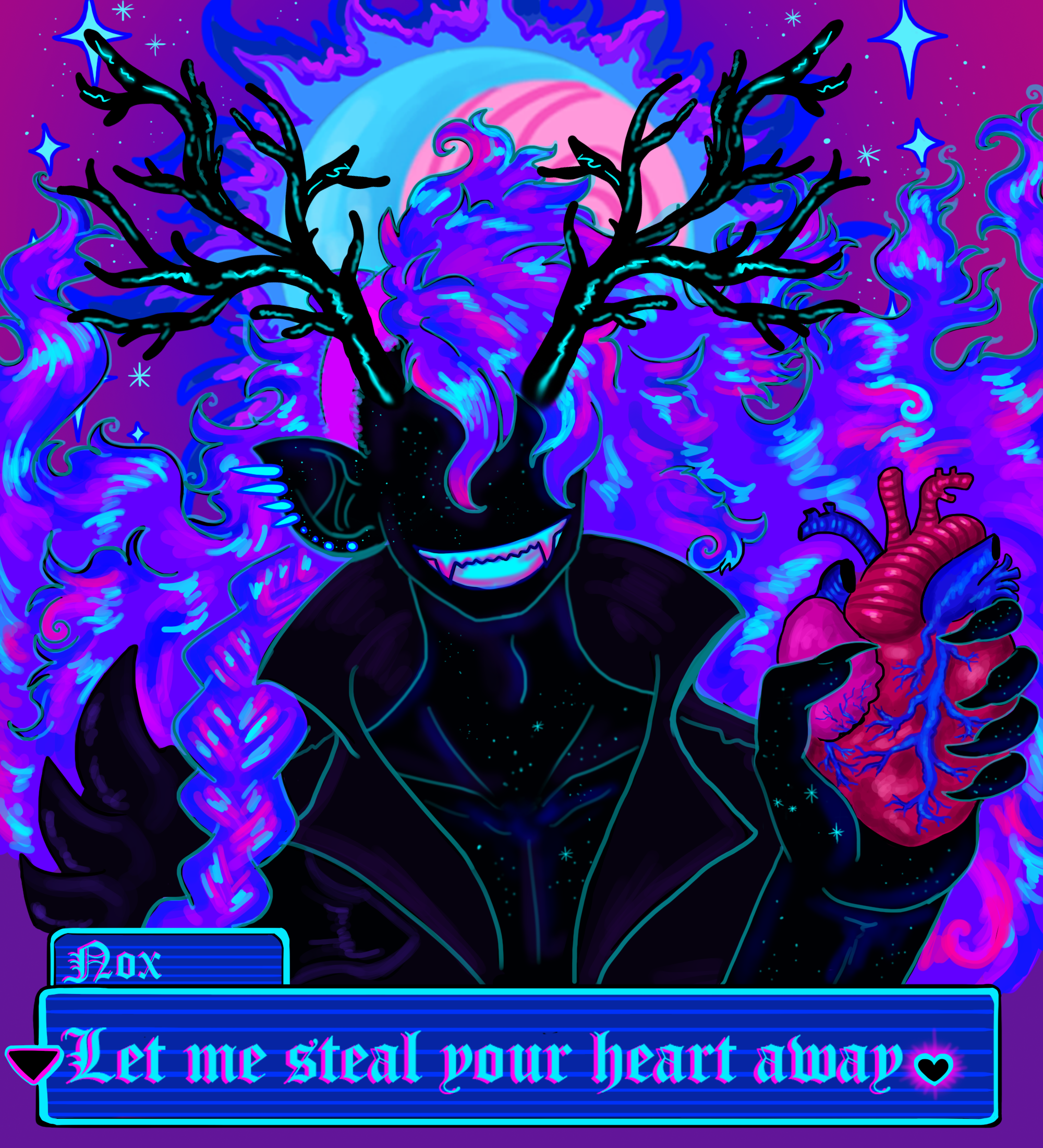 A dark shadow glowing in bright cyan with blue flowing hair smiles to the camera with bright fangs. 
                        Its holding someone's heart in its hands, a big Moon halo glows on its head and it has black antlers on its forehead. 
                        At the bottom of the image, a dialogue line reads 'Nox: Let me steal your heart'.