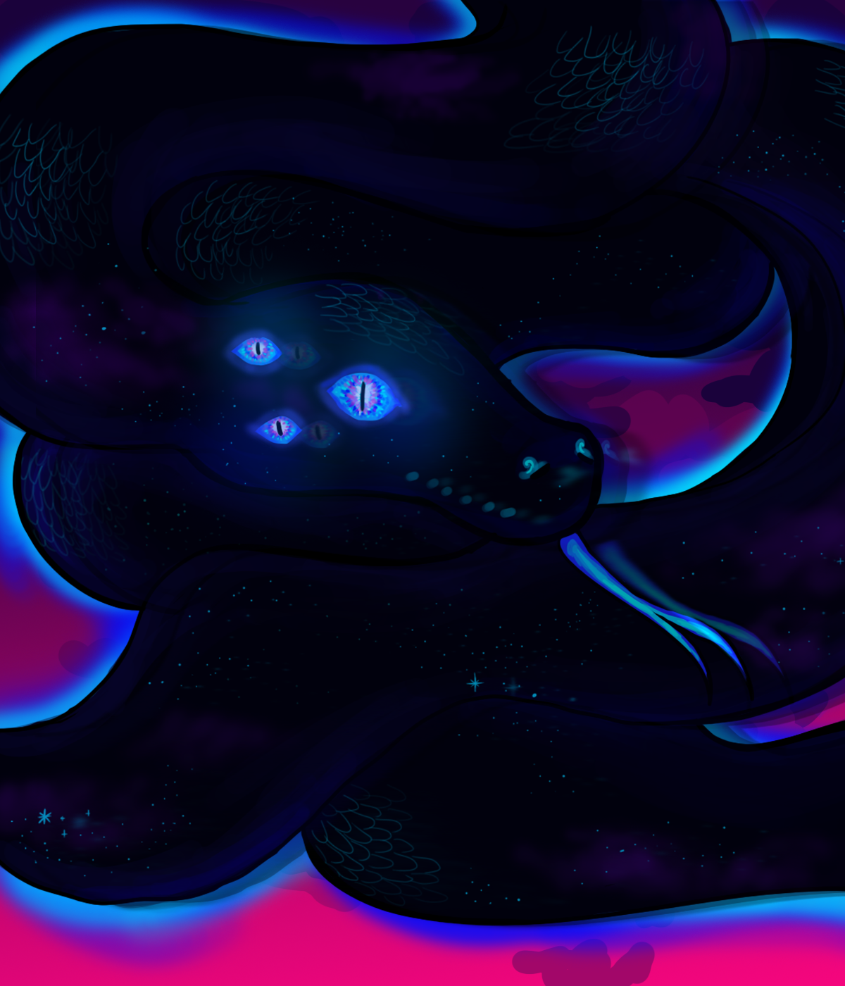 Nox transformed into a black snake. He is curled into his body, his eyes glowing bright, and showing his cyan tongue.
