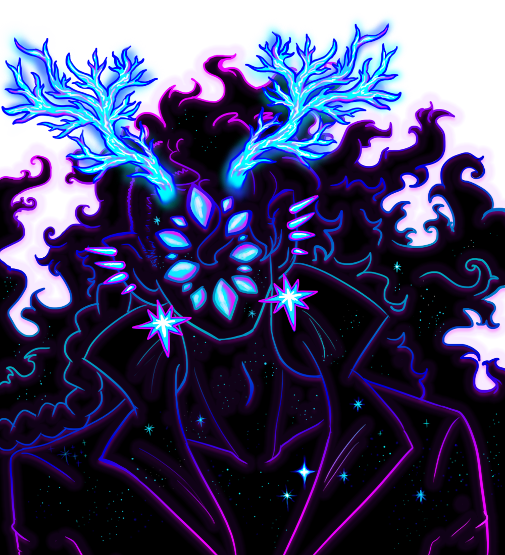 A dark shadow that glows in bright cyan with multiple eyes and bright cyan demon horns stares at the camera. It is made of the void and stars.