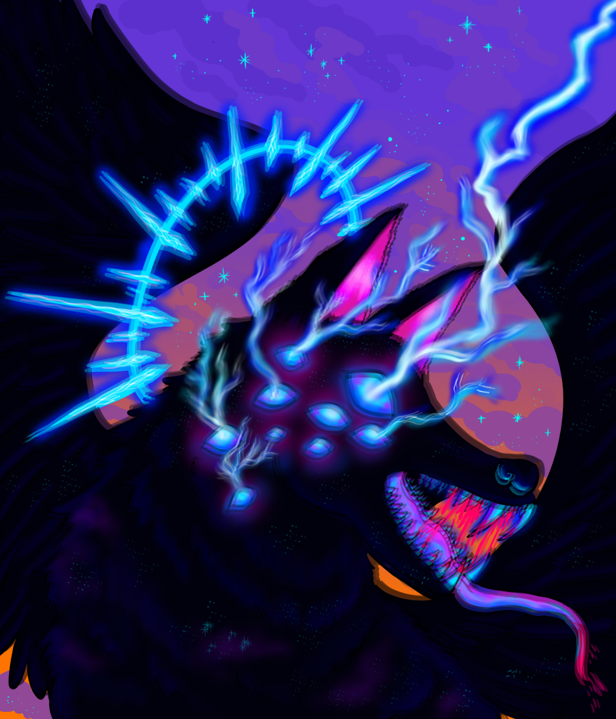 Nox transformed into a black wolf, he has multiple eyes, wings, and halo. His mouth is open, aggressively showing his blood stained fangs and tongue, and from his eyes bright lightning is coming out.