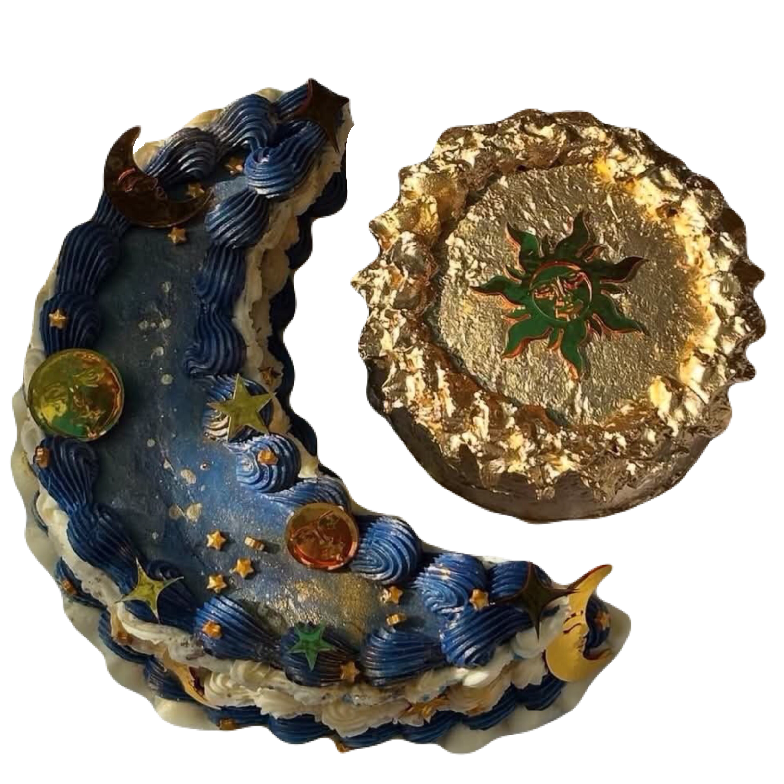 Blue waning crescent moon shaped cake, and golden sun shaped cake.
