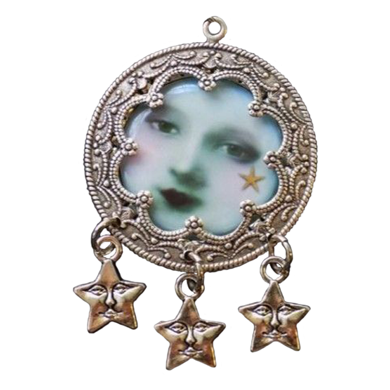 Metallic gold charm ornamented with an illustration of the interpretation of the moon's face in the center.
                         Three stars dangle from its metallic frame.