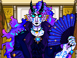 Nox in the courtroom of the videogame Ace Attorney, with a fan on hand and winking at the camera