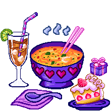 A meal consisting of soup, iced tea, and strawberry shortcake for dessert