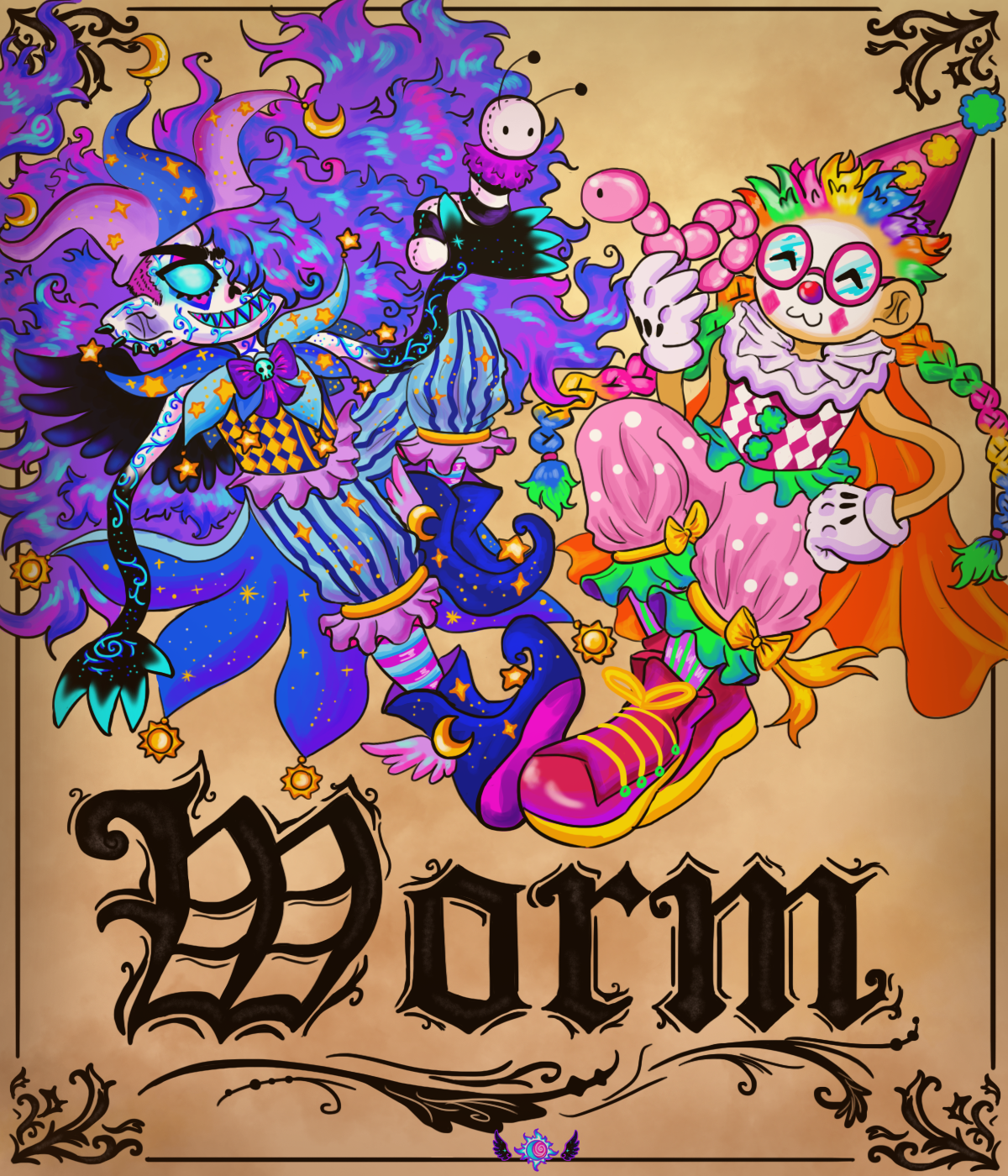 Nox with his jester outfit and Robbie; my friend's sona, in her clown outfit that I designed for her. They are both 
                        holding up worm shaped toy and balloon respectively, they're drawn in rubberhose style on what it looks like an old timey poster announcing their show.