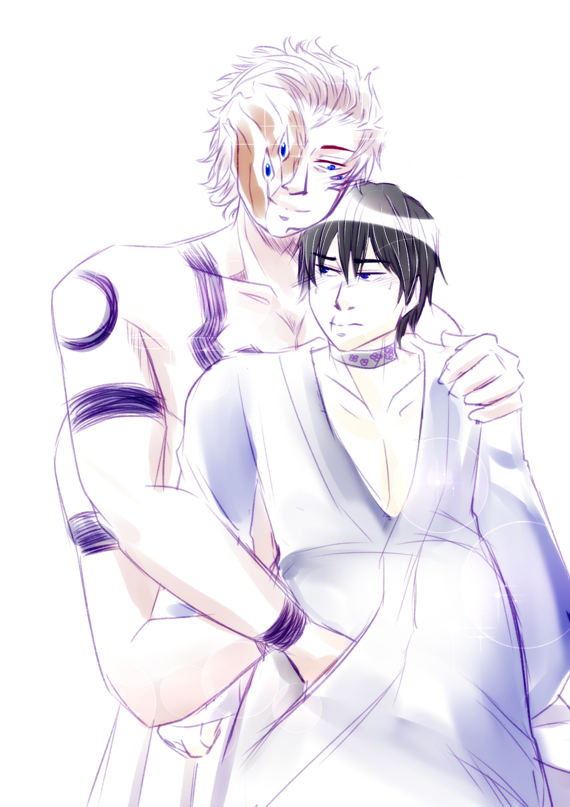 Sukuna holding pregnant Toji who has a mating collar across his throat 