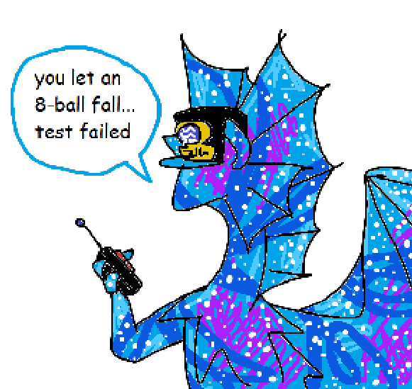 MS paint art of c.q. cumber saying “you let an 8-ball fall… test failed”