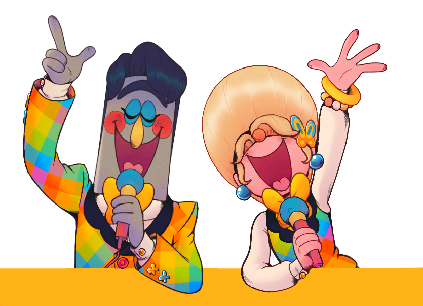 An illustration of Frank and Julie holding microphones and smiling.