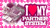 cutesy pink stamp saying i love heart my partner system, with a picture of a motherboard