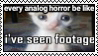 A photo of a wide-eyed cat with the text 'every analog horror be like i've seen footage'