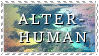 White text saying 'alter-human' on a rainbow cloudy background