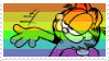 Garfield making a 'yknow' gesture against a pride flag