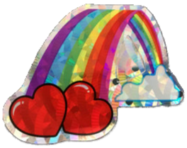 holographic rainbow with clouds at one end and two red hearts at the other