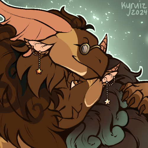 A brown tundra wearing gold rimmed glasses, hugging a brown obelisk with teal ends at their fur mane. They both wear star earrings that are different shades of yellow.